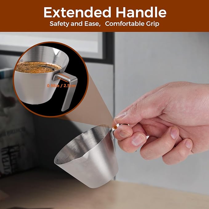 2Pcs Stainless Steel Espresso Cup, Double Spout Metal Espresso Measuring Cup with Handle, 3.4oz/100ml V-Shaped Mouth with Dual Scale (Silver+Black)