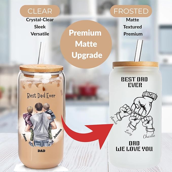Mason Life Personalized Glass Cup with Name-Can Shaped Glass with Lids and Straws-18OZ Iced Coffee Cups (DAD)