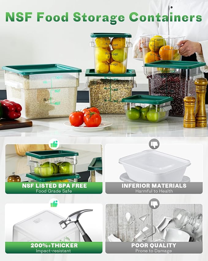 4QT NSF Food Storage Containers with Lids: 4 PCS [Total Food Grade][Hot&Cold Resistant] Commercial Clear Food Storage Containers for Restaurant Kitchen Proof Dough, Measuring Spoons Included(Green)