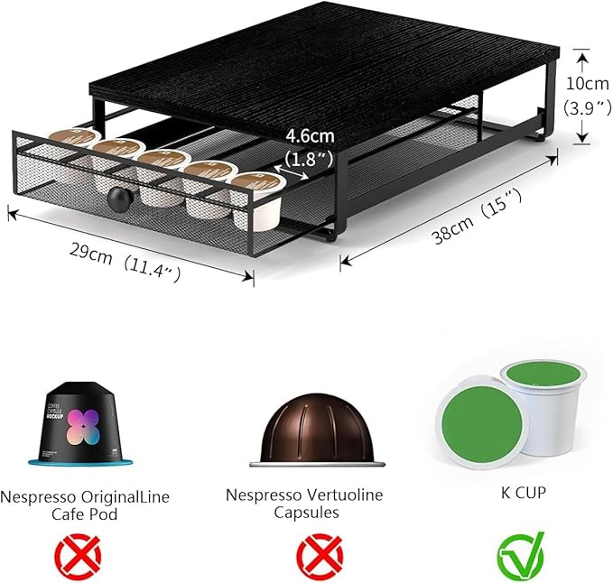 K Cup Organizer, Coffee Pod Holder Drawer, Under Brewer Storage Organizer with Sliding Drawer holds up to 35 K-Cup Pods, No Assembly Needed, Black