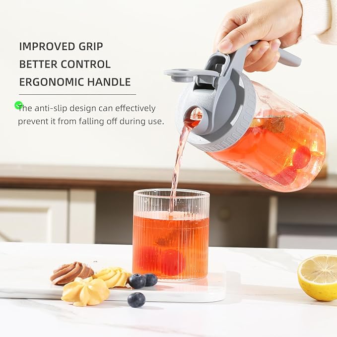 Glass Mason Jar Pitcher with Pour Spout Handle Lid, Breast Milk Pitcher Jug for Ice Tea, Cold Brew Coffee, Fridge Water, Juices, Leak Proof Storage Container (32oz 2Pack)