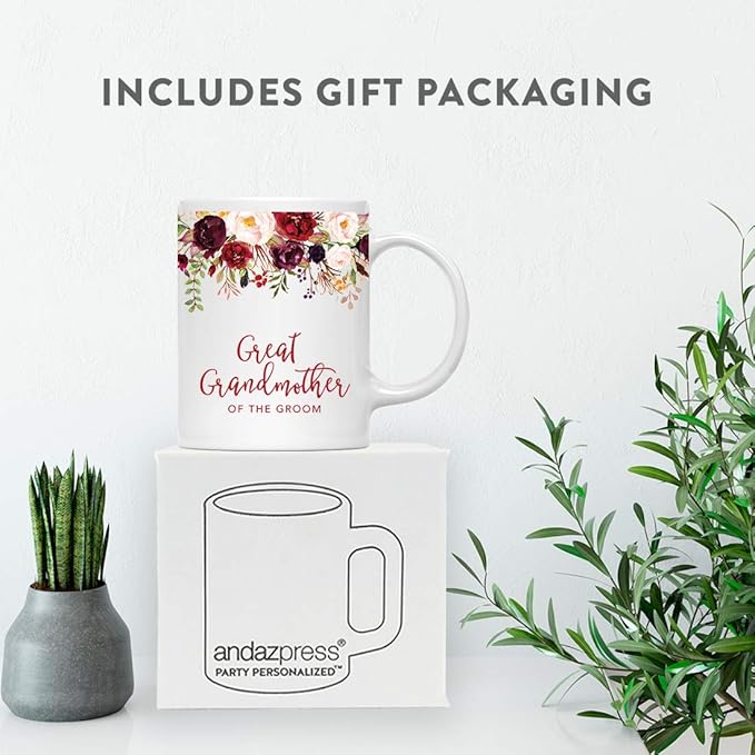 Andaz Press 11oz. Wedding Ceramic Coffee Tea Mug Gift, Fall Autumn Marsala Burgundy Flowers Roses Florals, Great Grandmother of the Groom, 1-Pack, Includes Gift Box