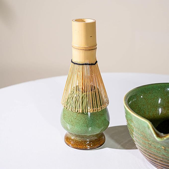 Matcha Whisk Set, Japanese Matcha Set Includes Matcha Bowl with Spout, Matcha Whisk Holder, Bamboo Matcha Whisk and Sifter Scoop, 17 oz Green Glaze Ceramic Matcha Kit for Tea Lovers
