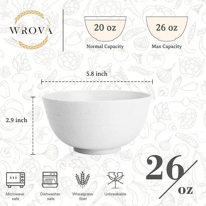 Wheat Straw Camping Bowls Sets of 6,Unbreakable 26oz Lightweight Bowls Sets for Outdoors Activity,Breakfast Bowls for Cereal and Salad.White Series