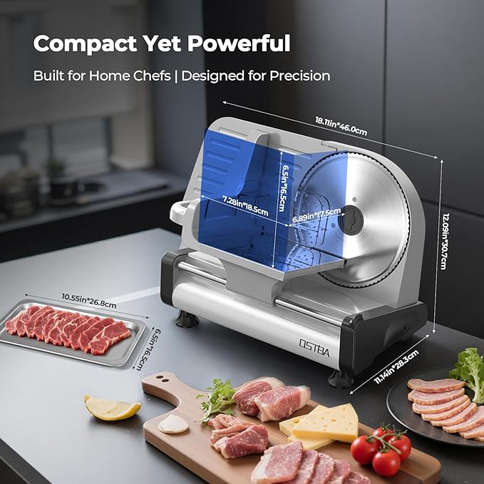 OSTBA Electric Meat Slicer with 200W DC Motor, 2 Removable 8.7” Stainless Steel Blades, Adjustable Thickness 0–15mm, Food Tray & Hand Grip, Deli Food Slicer for Meat, Cheese, Bread, Vegetables