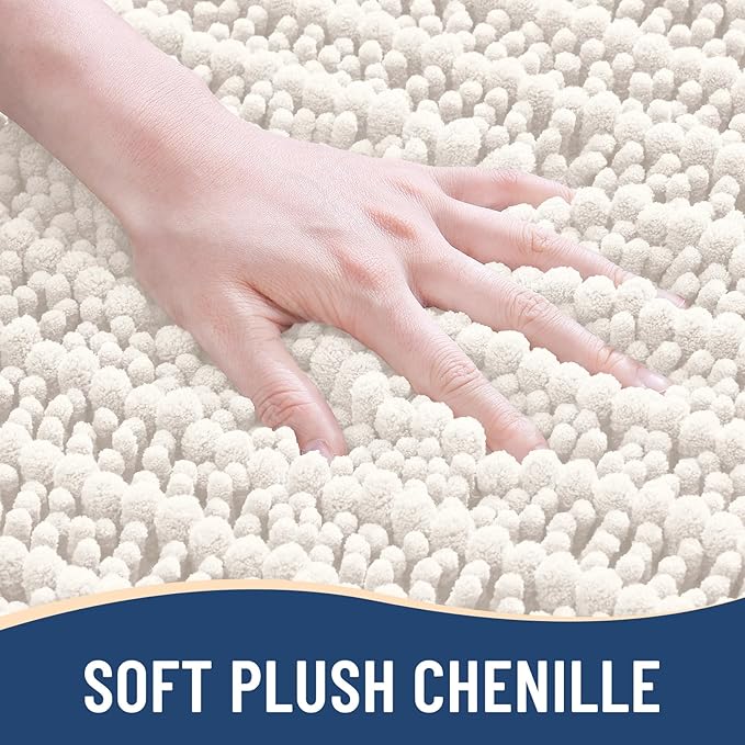 Arotive Luxury Chenille Bathroom Rug Mat, Extra Soft Thick Absorbent Shaggy Bath Rugs, Non-Slip Machine Wash Dry, Plush Bath Mats for Bathroom, Shower and Tub, 59x35, Ivory