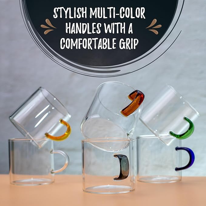 Bacimi® Clear Espresso Cups with Colorful Handles - Set of 6 / 4oz / 120ML - Borosilicate Glass Mugs for Cappuccino, Tea, Latte, & Hot Beverage - Mini Drinking Cups - Microwave Safe