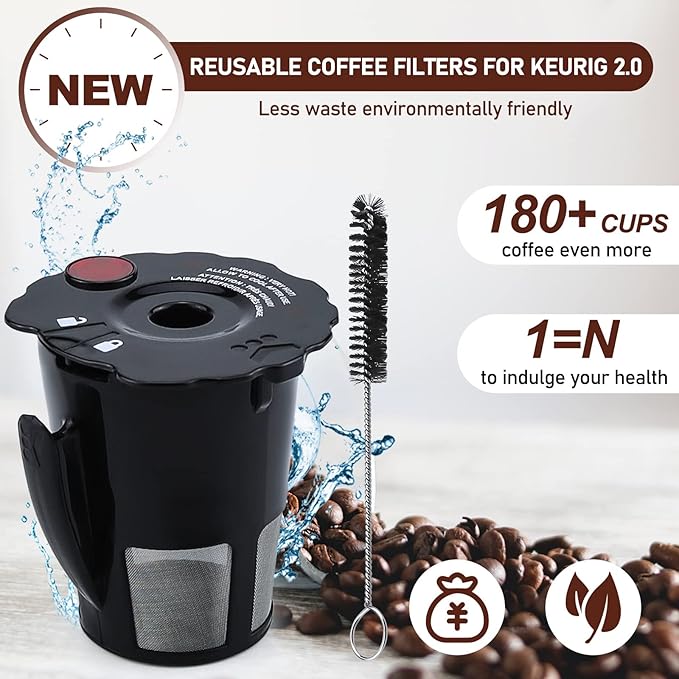 6-Pack Sikawai Fit for 119367 Reusable Coffee Keurig Filter Replacement Part K200 K250 K300 K350- Reusable K Cups for Keurig K-cup 2.0 Series Keurig Reusable Coffee Pods with Cleaning Brush