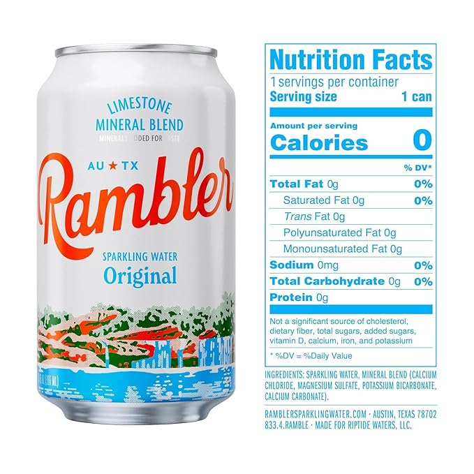 AUTX RAMBLER Sparkling Water, Texas Limestone Mineral Blend, Variety Pack (Original, Lemon-Lime, Grapefruit), 12-Ounce Cans, One 8-Pack Each x 3 Flavors (24 Cans Total)
