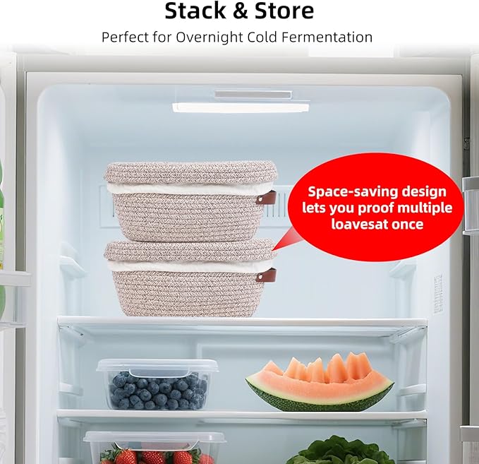 Stackable Cotton Banneton Proofing Basket Set– 2-Pack Bread Baskets (Round + Oval) With Cotton Lids, Sourdough Baking Kit for Home Bakers
