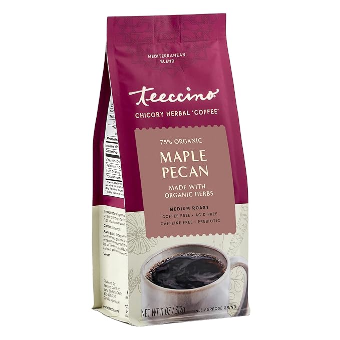 Teeccino Maple Pecan Chicory Coffee Alternative - Ground Herbal Coffee That’s Prebiotic, Caffeine Free & Acid Free, Medium Roast, 11 Ounce