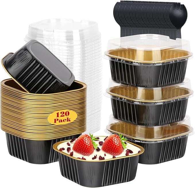 LNYZQUS 120pack/10oz Mini Cake Pans with Lids, Small Foil Baking Tins Brownie Baking Cups,4”x4” Disposable Ramekins Jumbo Cupcake Muffin Pan Mini Aluminum Containers Holders-Black