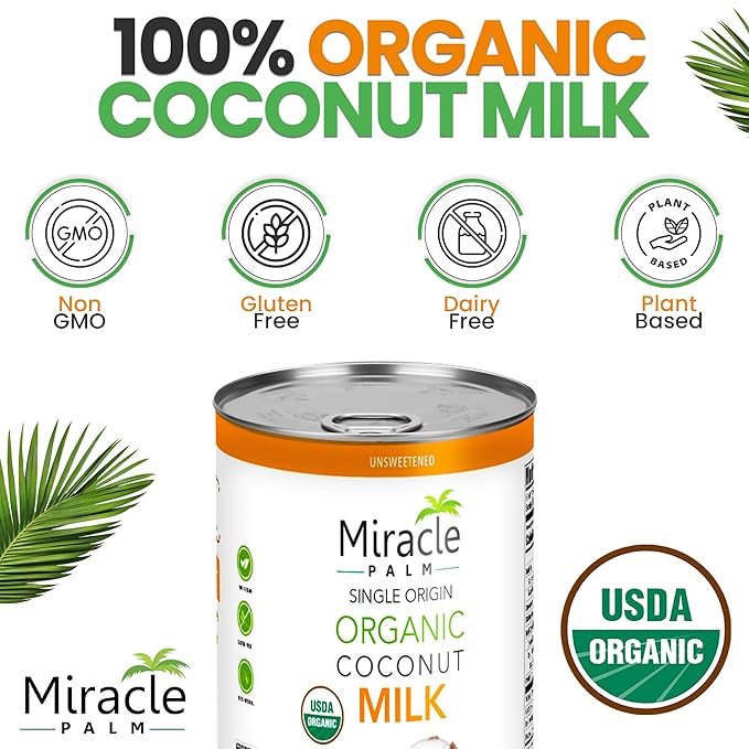 Miracle Palm Coconut Milk Unsweetened - Coconut Milk Canned, Additive Free Organic 13.5 Fl Oz (Pack of 6)