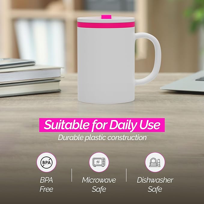 Copco Iconic 16oz Double Wall Insulated Desk Mug with Lid and Handle, Set of 2, BPA-Free Reusable Plastic, Spill-Proof, Microwave & Dishwasher Safe, Wide Mouth, Cup Holder Friendly (Pink)