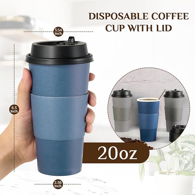 LITOPAK 100 Pack 20 oz Disposable Paper Coffee Cups with Lids, Sleeves and Stirring Sticks for Hot Coffee, Water or Juice, Blue and Gray Hot Paper Cups for Cafes, schools, offices, shops