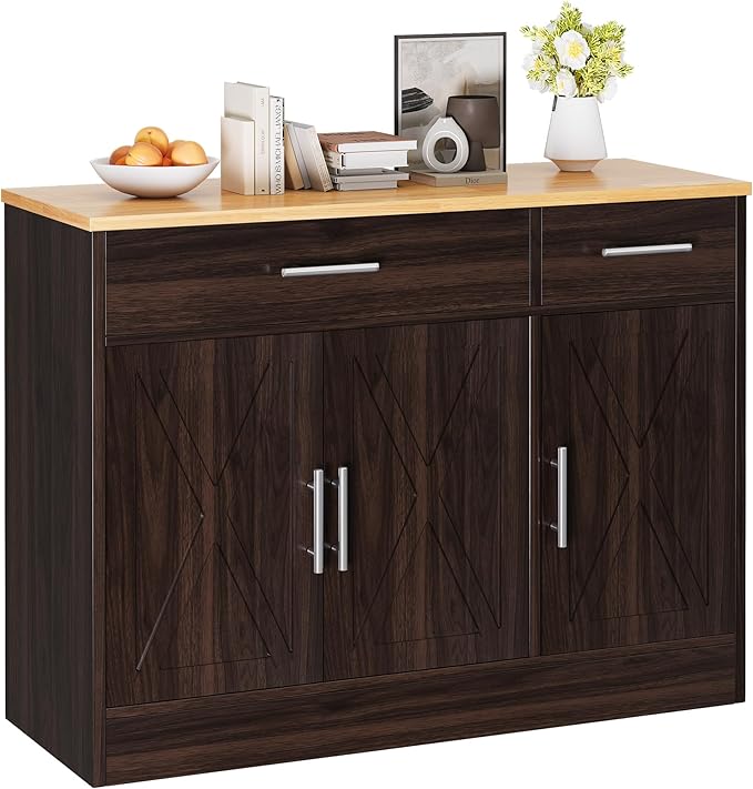 Vongrasig 43” Sideboard Buffet Cabinet with Storage, Farmhouse Coffee Bar with Drawers and Shelves, Wood Buffet Table for Kitchen Dining Room, Living Room, Rustic Brown