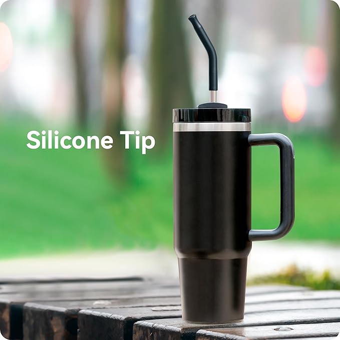 Snowfall Metal Replacement Straw with Silicone Tip for Stanley 30 OZ, 2 Pcs Reusable Long Stainless Steel Drinking Straws, 1 Straw Brush, BPA Free (Black)