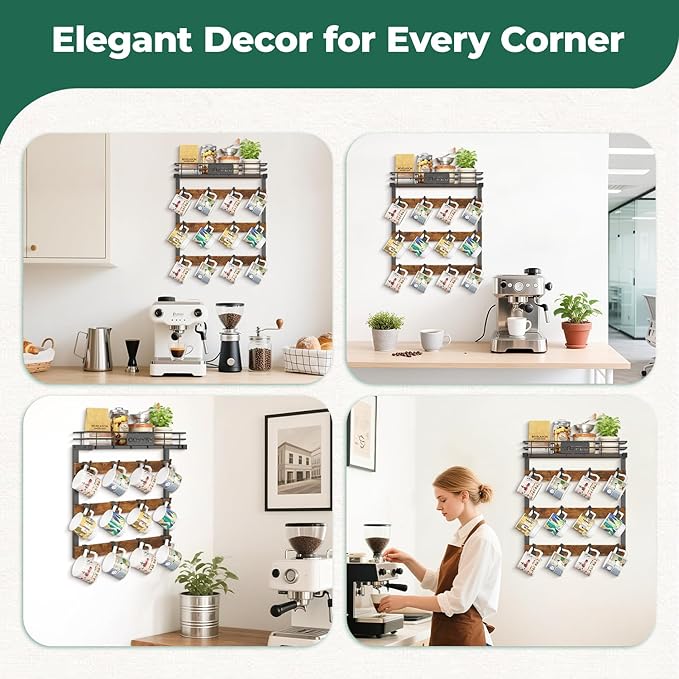 EsLuker.ly Coffee Mug Holder Wall Mounted Display Rack, Black Metal Cup Hanger Organizer with 12 Movable Plastic Hooks, Wood Rustic Shelf for Coffee Bar Home Kitchen, Thoughtful Wall Storage