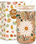 Daisy Flowers Iced Coffee Glass Cup, Drinking Glass Cups Lids Straws, Cute Tumbler Cup, Personalized for Women, Thank You Gifts for Teacher, Thanksgiving, Birthday Gifts for Women Her