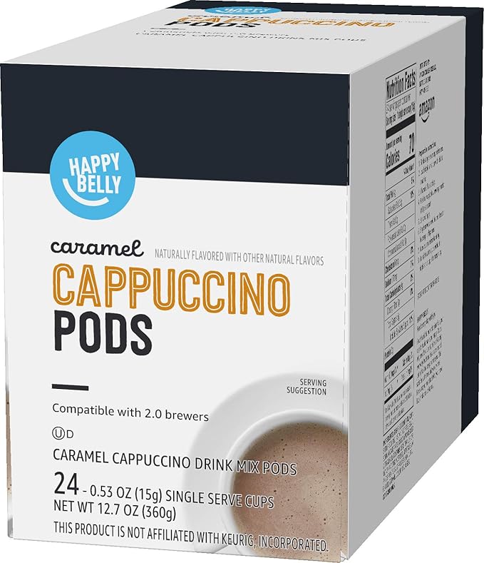 Amazon Brand - Happy Belly Cappuccino Coffee Pods Compatible With K Cup Brewers, Light Roast, Caramel Flavored, 24 Count, 12.72 ounce (Pack of 1)
