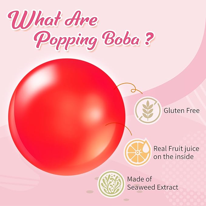 J WAY Bursting Popping Strawberry Boba Pearls, Strawberry Syrup, Non-Dairy, Fat-Free Popping Tapioca Boba for Beverages, Sweets, Ice Cream (2LB, 1 Pack)