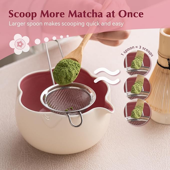 Matcha Whisk Set, 8Pcs Floral Ceramic Matcha Set with Matcha Whisk, Holder, Scoop, Scoop Rest, Sifter, Spoon and Tea Towel - Thoughtful Matcha Whisk Gift for Matcha Lovers (Beige & Pink)