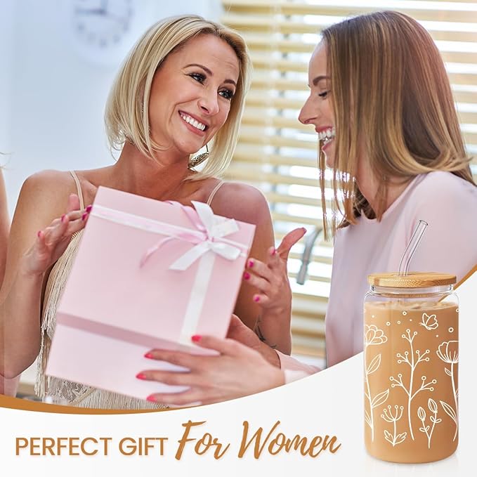 Floral Cup 16 Oz Can Glass with Bamboo Lid and Straw - Flower Glass Cup Gifts for Women - Wildflower Drinking Coffee Gifts
