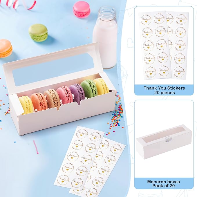 20 Pack Macaron Boxes with Window - 7.3x2x2 in Macaron Packaging Containers Holds 6-8 pcs, Small Cookie, Candy and Truffle Boxes for Gift Giving