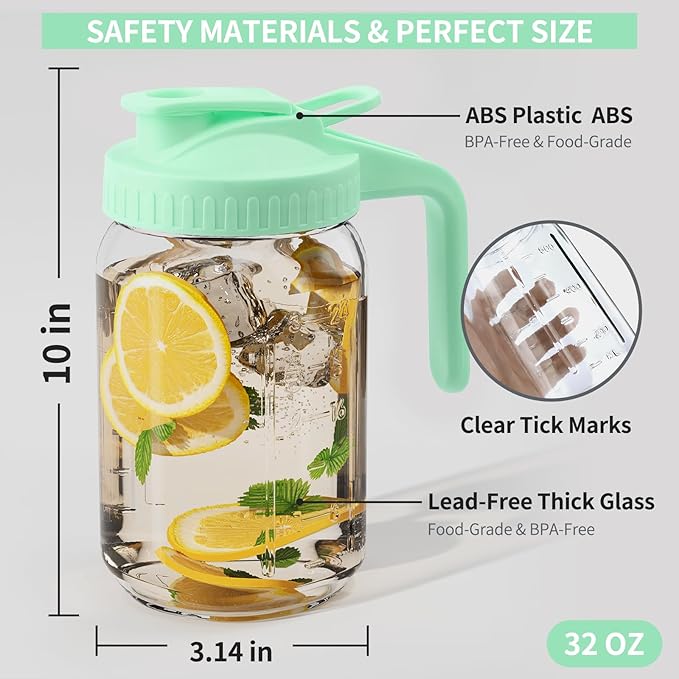 32oz Glass Pitcher with Lid &Pour Spout - 1 Quart Breastmilk Pitcher Double Leak Proof, Creamer Container for Sun Tea, Juice, Cold Brew Coffee, Breastmilk Storage Container -Green Lid