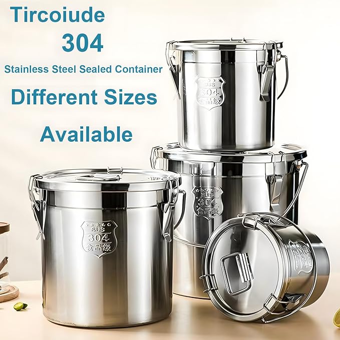 21L/5.5 Gal 304 Stainless Steel Airtight Canister for Kitchen, Metal Food Storage Containers with Lid and Sturdy Locking Clamp for Bean Flour Oil Sugar Metal Food Storage Bucket