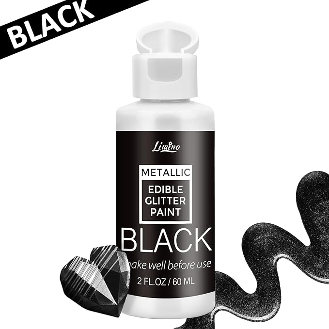 Edible Glitter Paint - 2 fl.oz Food Grade Metallic Glitter Cake Paint for Cake Decorating, Baking, Cupcakes - Shimmer Art Decorative Liquid Edible Paint Food Coloring for Fondant, Donuts (Black)