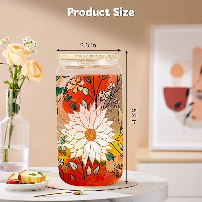 Daisy Flowers Iced Coffee Glass Cup, Drinking Glass Cups Lids Straws, Cute Tumbler Cup, Personalized for Women, Thank You Gifts for Teacher, Thanksgiving, Birthday Gifts for Women Her