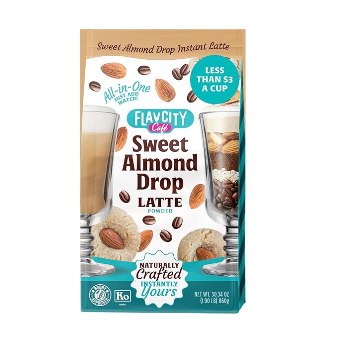 FlavCity Café Sweet Almond Latte - Flavored Instant Coffee Powder Mix with Grass-Fed Whole Milk & Real Almond - Instant Latte Made from Real Ingredients - All In One, Just Add Water (20 Servings)
