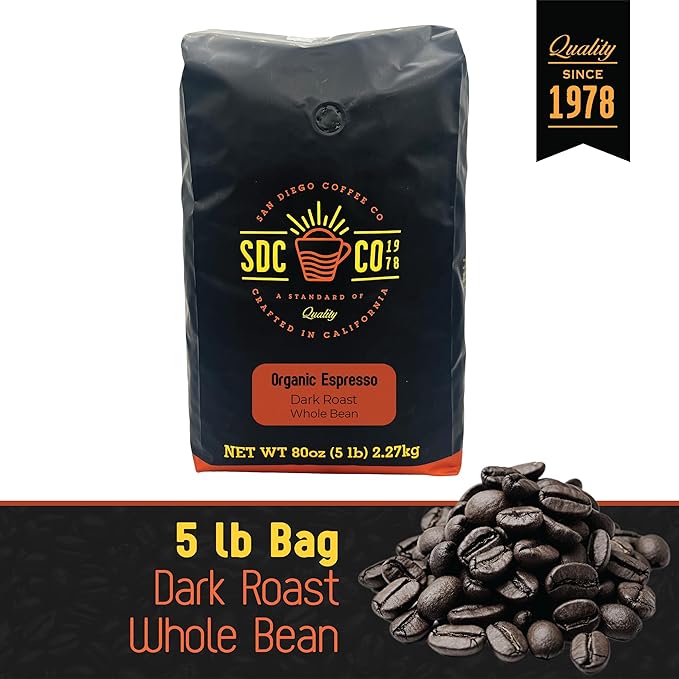 San Diego Coffee Organic Espresso, Dark Roast, Whole Bean Coffee, 5-Pound Bag Café en grano tostado