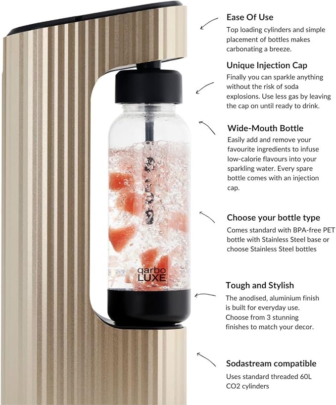 Twenty39 qarbo LUXE Premium Metal Sparkling Water Maker Machine - Soda Beverage Carbonator for Home, Seltzer Water Carbonation Fizz Maker (Tuscan Gold)