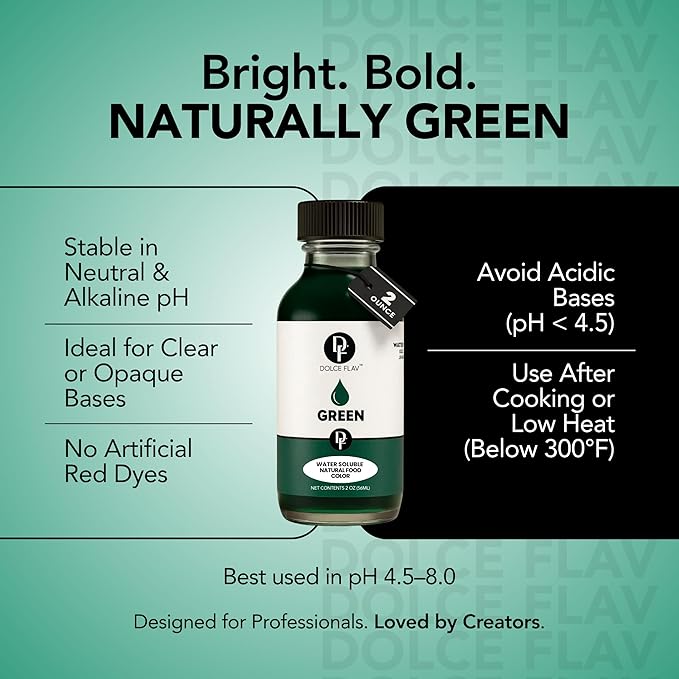 Dolce Flav Natural Green Food Coloring – 2 oz Vibrant Plant-Based Color from Green Apple | Water-Soluble Liquid Dye for Baking, Drinks & Frostings | Graduated Dropper Included | No Artificial Dyes | Kosher | Made in USA