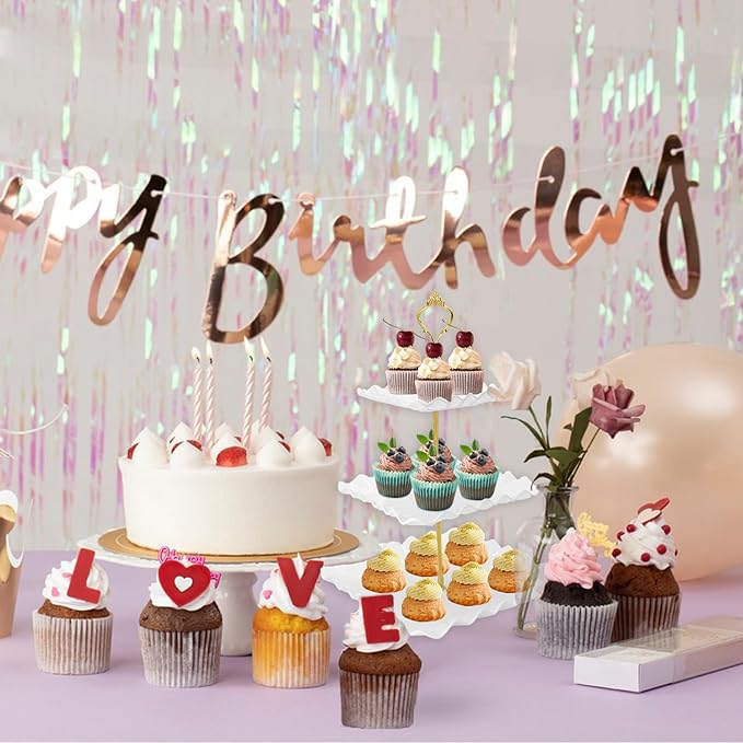 5 Pcs Dessert Table Display Set, White Plastic 2 Pcs Square 3 Tier Cupcake Stand Cup Cake Tower Stand with Metal Rod & 3 Pcs Serving Tray for Baby Shower, Tea Party, Wedding, Birthday Party