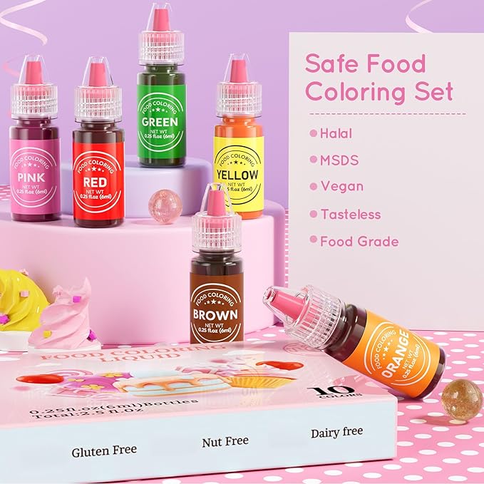 Food Coloring Liquid 10 Colors for Baking,Cherrysea Food Grade Cake Food Coloring Set for Halloween,Fondant,Cookies,Icing,Easter Egg Dessert Decorating Making DIY Supplies Kit- 0.25 Fl. oz (6