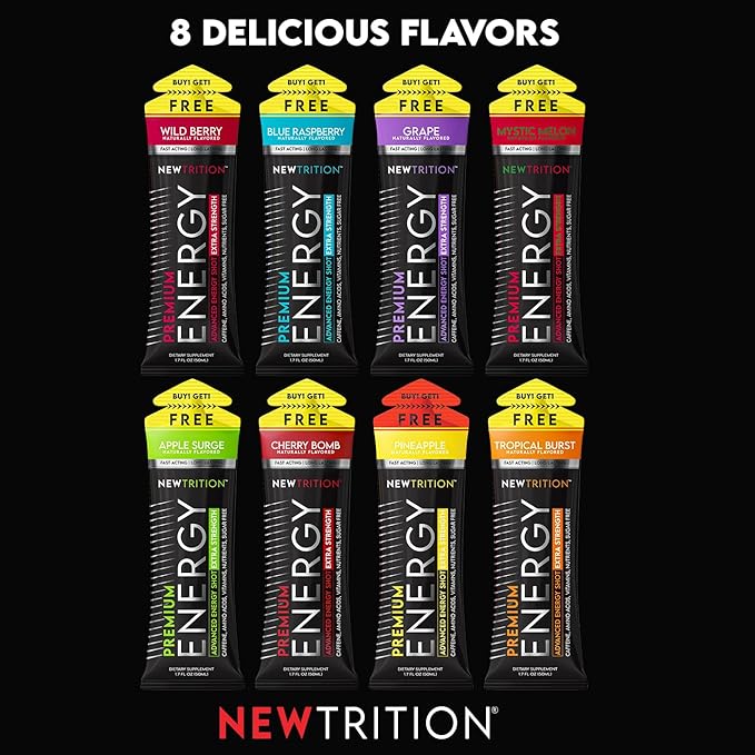 NewTrition® Extra Strength Energy Shots, 250mg Caffeine Energy Shots with Vitamin B & Amino Acids, Sugar-Free Vitamin Energy Shot, 1.7 fl oz (Pack of 12, Mystic Melon)