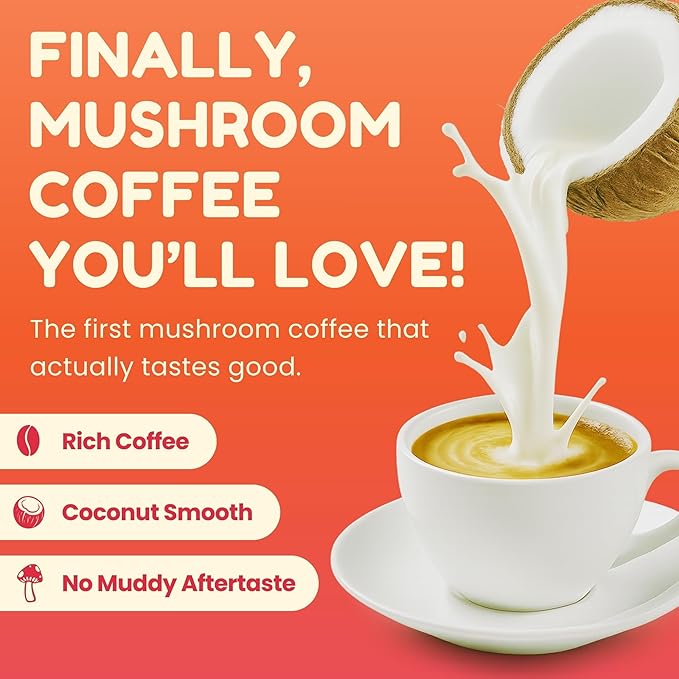 Organic Bless Instant Mushroom Coffee Powder – Organic Lion’s Mane, Reishi & Cordyceps Blend for Energy, Focus & Clarity – Adaptogenic Coffee with Coconut Milk & MCT Oil – 30 Servings