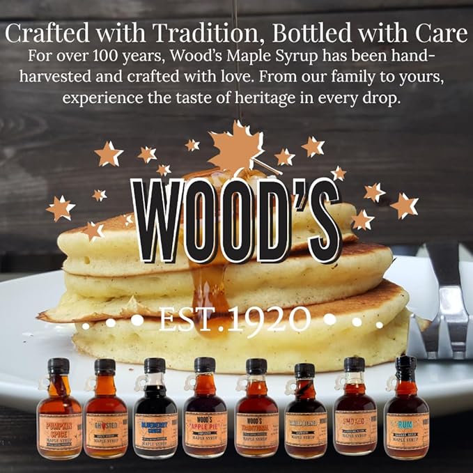 WOOD'S Vanilla Beaned Maple Syrup – Infused Vermont Maple Syrup with Real Vanilla Bean Pod | Smooth, Rich, All-Natural & Vegan Sweetener | Perfect for Breakfast, Baking, Seafood, Popcorn & More | 8.45 Fl Oz (250mL)