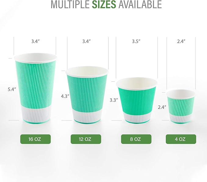Restaurantware 16 Ounce Double Wall Disposable Coffee Cups, 500 Insulated Light Green Paper Tumblers with Ripple Wall Design, Lids Sold Separately for Hot Drinks like Tea, Hot Chocolate and More