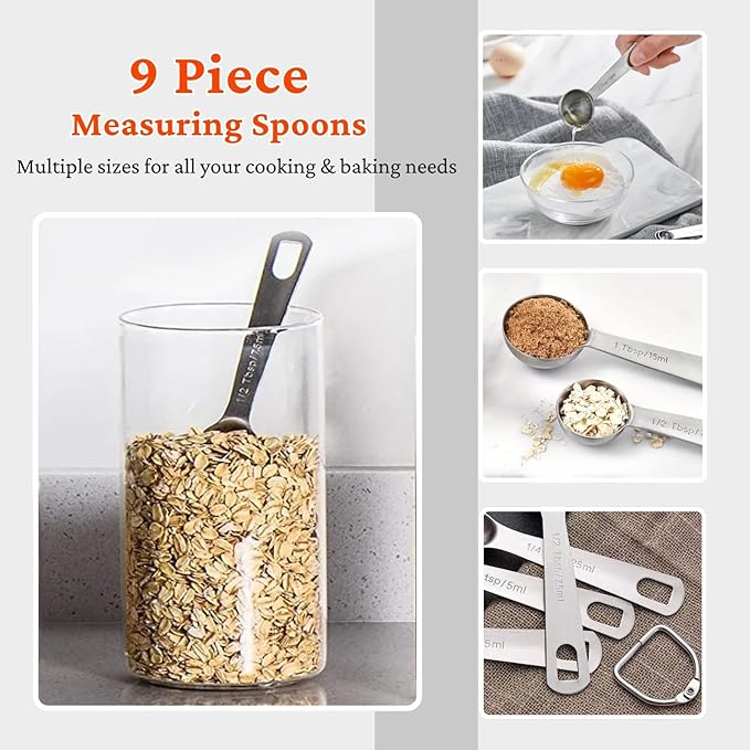 Stainless Steel Measuring Cups and Spoons Set of 19, 5 Measuring Cups with Colored Silicone Handles, 9 Nesting Spoons, 5 Mini Spoons, Kitchen Gadgets for Cooking & Baking, Dry and Liquid Ingredients