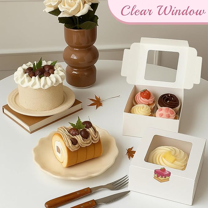 OAMCEG 50 Pack Cookie Boxes with Window 6x6x3 Inches White Cupcake Boxes, Bakery Treat Boxes with Stickers & Twine for Pastry, Desserts, Strawberries, Cupcakes, Gift Giving