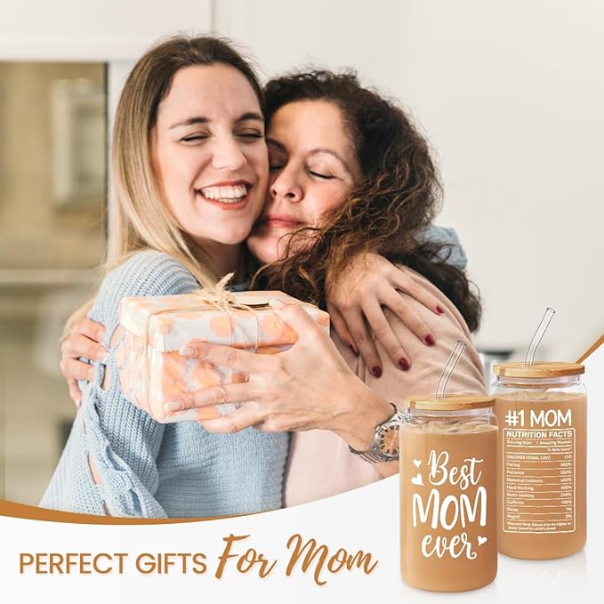 Gifts for Mom from Daughter Son - Mom 16 Oz Can Glass Coffee Cup with Bamboo Lid & Straw - Mothers Gift for Women on Birthday Mothers Day Valentines