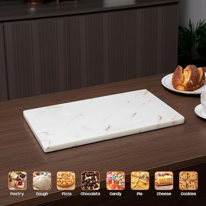 White Marble Cutting Board, Marble Slab Pastry Board With Non-Slip Feets For Baking, Cheese, Charcuterie, Chocolate, 12x20 Inch, Pack Of 1 Piece