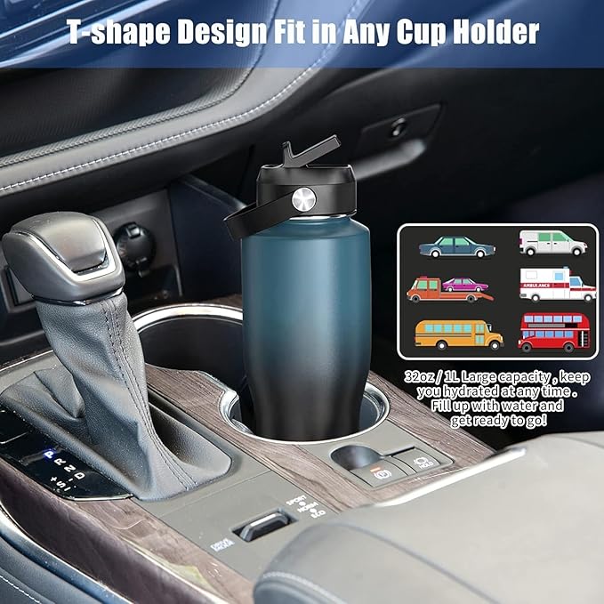 HYDROWION 40 oz Insulated Water Bottle with Straw fit in Car Cup Holder(Cold 48 hrs, Hot 24 hrs) Drinking Bottle with Straw Lid, Spout Lid and Flex Cap Leakproof Travel Thermo Mug，Laser Grey