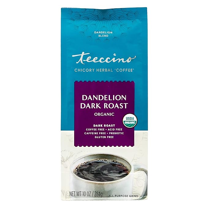 Teeccino Dandelion Dark Roast Herbal Coffee - 10 oz - Caffeine-Free Coffee Alternative with Prebiotics, Gluten Free, Acid Free, Organic