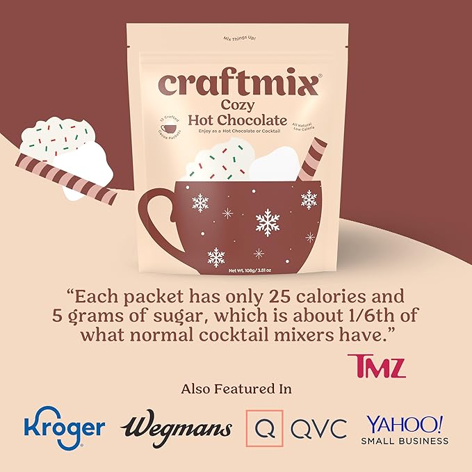 Craftmix Cozy Hot Chocolate Mix - Instant Hot Cocoa Drink Mix Packets - Made with Real Cocoa Beans - Add Milk or Water - Vegan, Low-Carb, Low-Sugar, Dairy-Free, Gluten-Free, 12 Pack