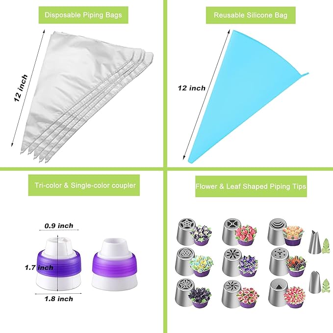 24-Piece Russian Piping Tips Set, Cake Decorating Kit with 9 Frosting Nozzles, Reusable Piping Bags, and Baking Supplies for Cupcakes, Cookies, Cakes - Ideal for Bakers & Beginners